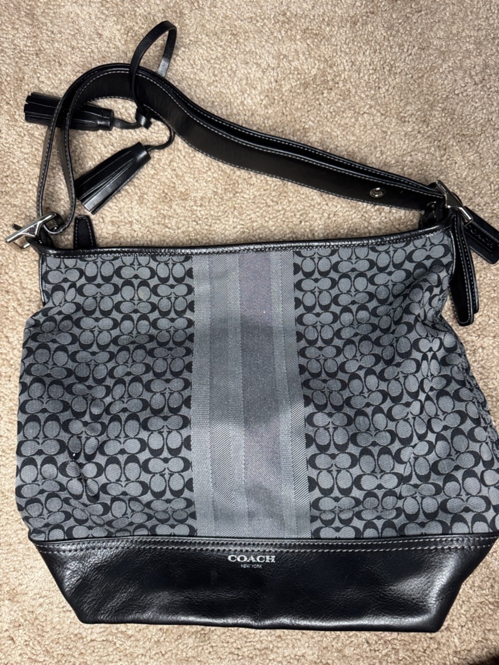 Coach Grey and Black Signature Stripe Shoulder Bag